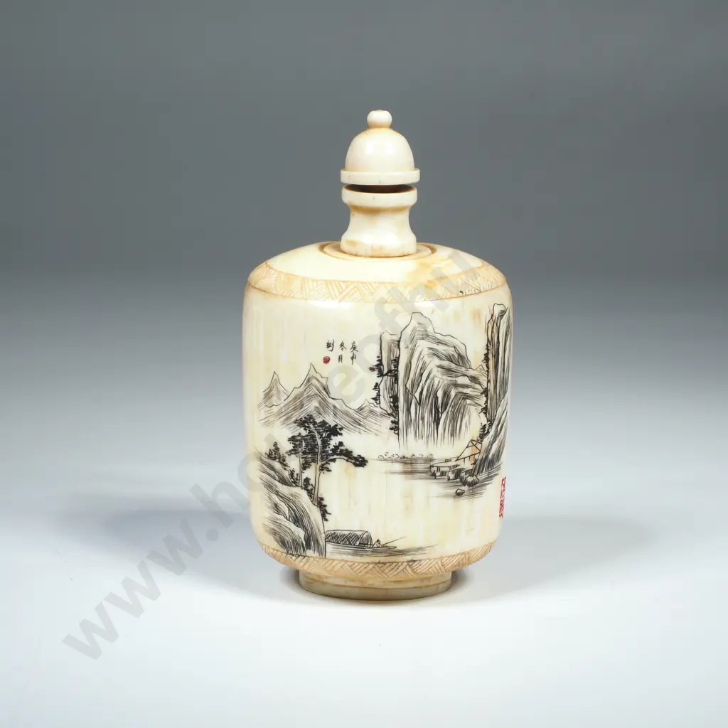 Oval Bone Snuff Bottle Decorated w Traditional Chinese Landscape Scene Image 1++