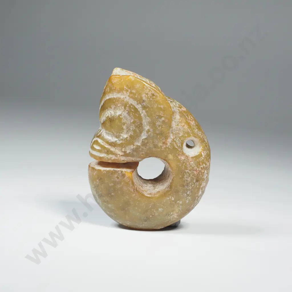 Hongshan  Style Jade Pig- Dragon Pendant or Amulet w Coiled Creature Like Body & a Stylised Head Image 1++