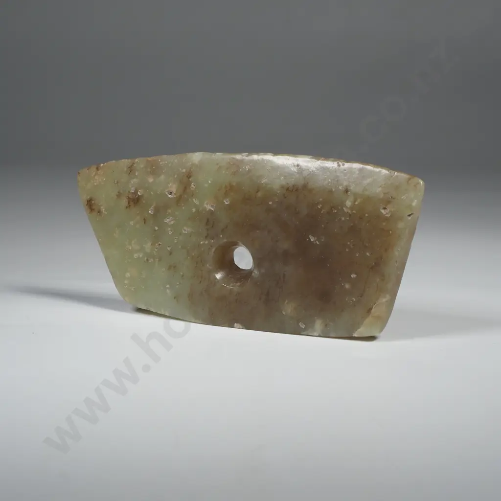Chinese Green Jade Axe Or Ceremonial Pendant, w Trapezoidal Shape & Single Hole Image 1++
