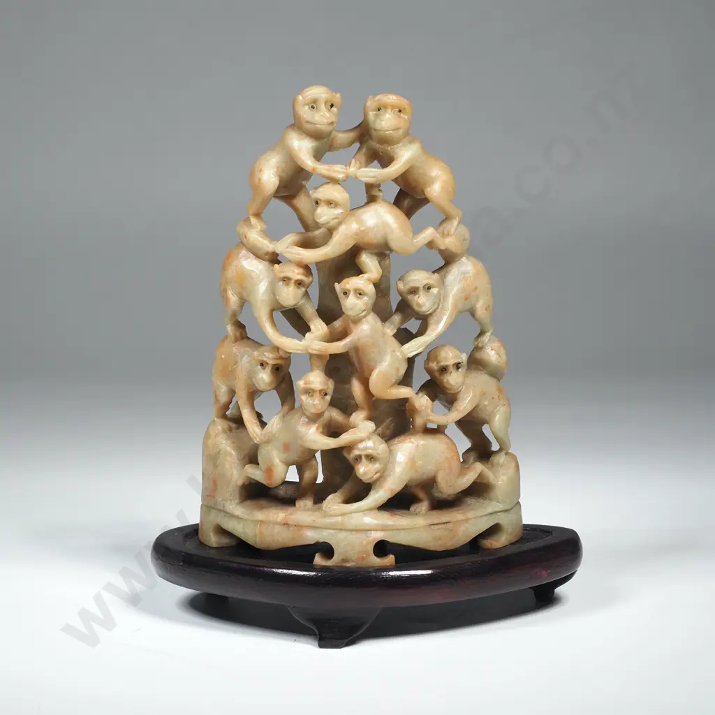 Chinese Carved Soapstone Monkey Tower Carving on Wooden Stand Image 1++