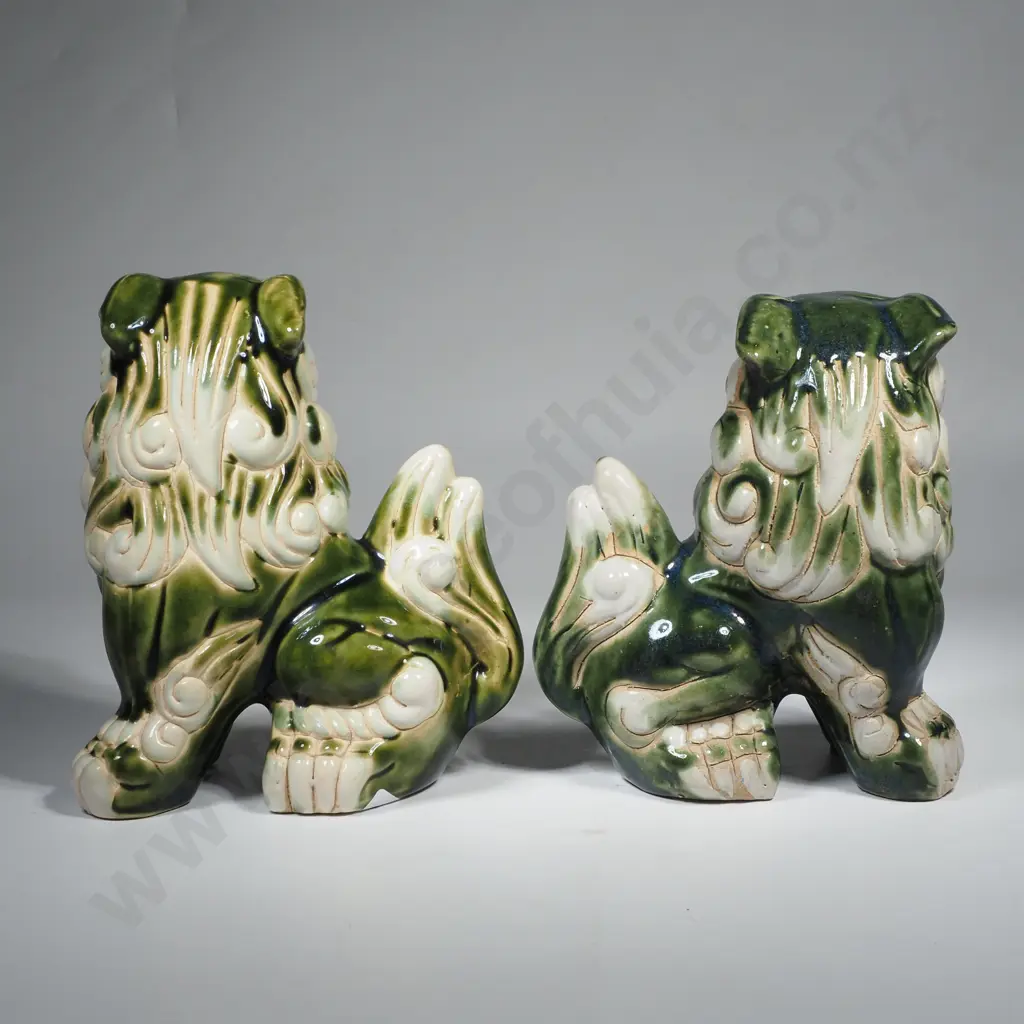 Vintage Chinese Foo Dog Figurines w Green & Cream Ceramic Glaze Image 1++