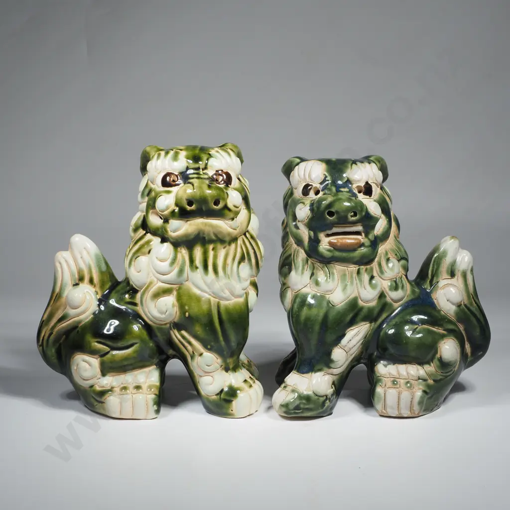 Vintage Chinese Foo Dog Figurines w Green & Cream Ceramic Glaze Image 1++