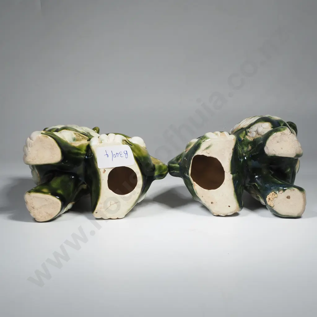 Vintage Chinese Foo Dog Figurines w Green & Cream Ceramic Glaze Image 1++
