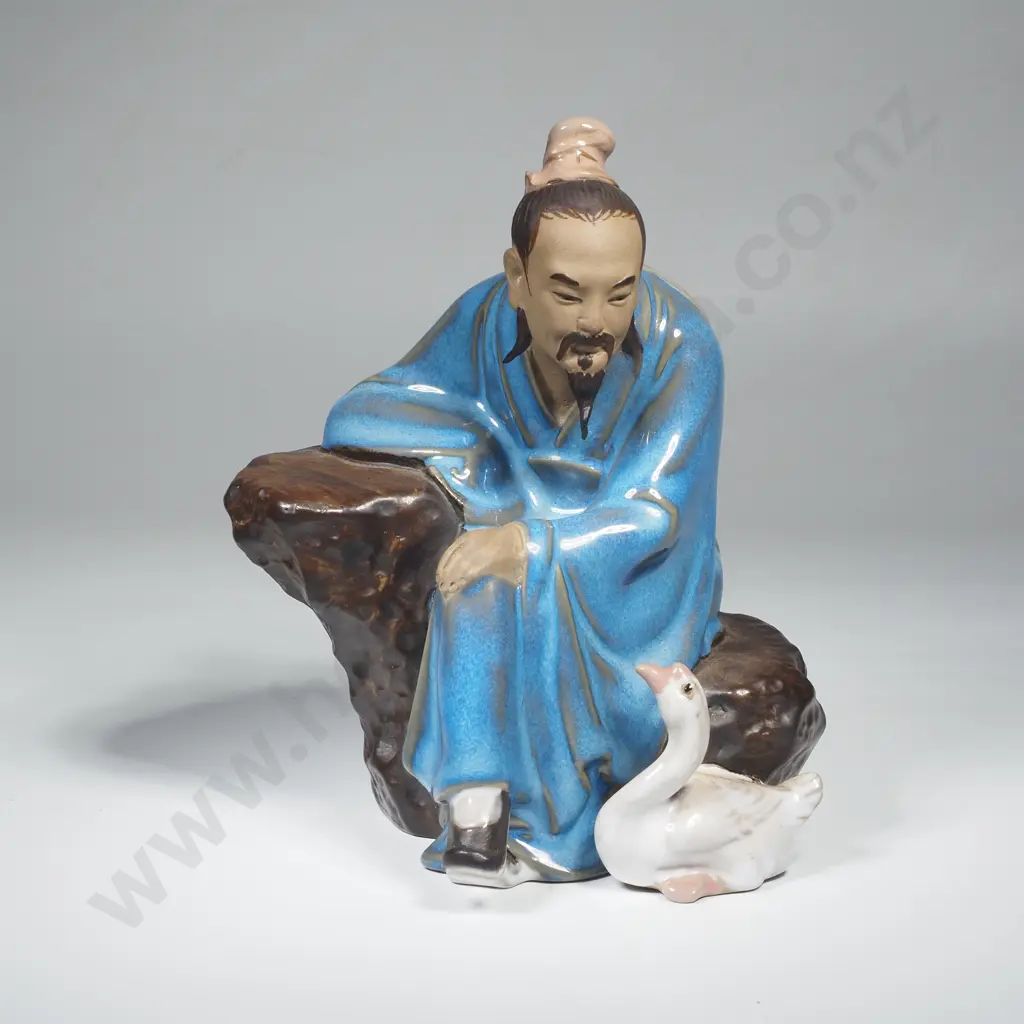 Vintage Chinese Shiwan Pottery Figure of Scholar Conversing with Goose Image 1++