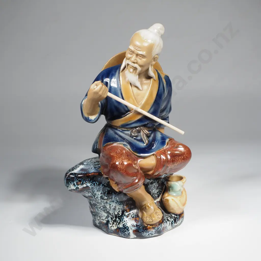Vintage Chinese Shiwan Pottery Figure of a Seated Fisherman - Missing Rod. Image 1++