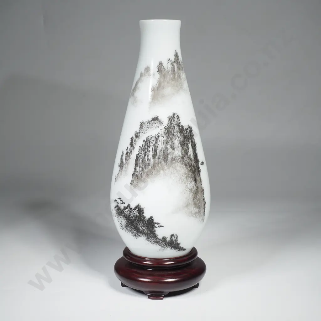 White Porcelain Glass Vase Featuring a Hand Painted Black Landscape Scene w Stand in Fitted Box Image 1++