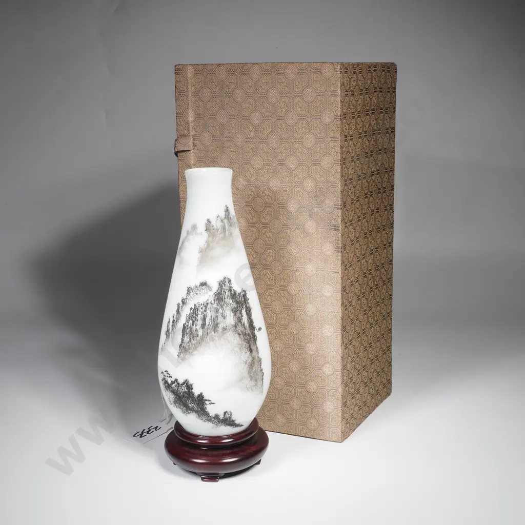 White Porcelain Glass Vase Featuring a Hand Painted Black Landscape Scene w Stand in Fitted Box Image 1++