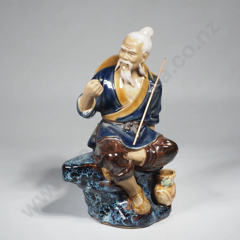 Vintage Chinese Shiwan Pottery Seated Fisherman Image 1++