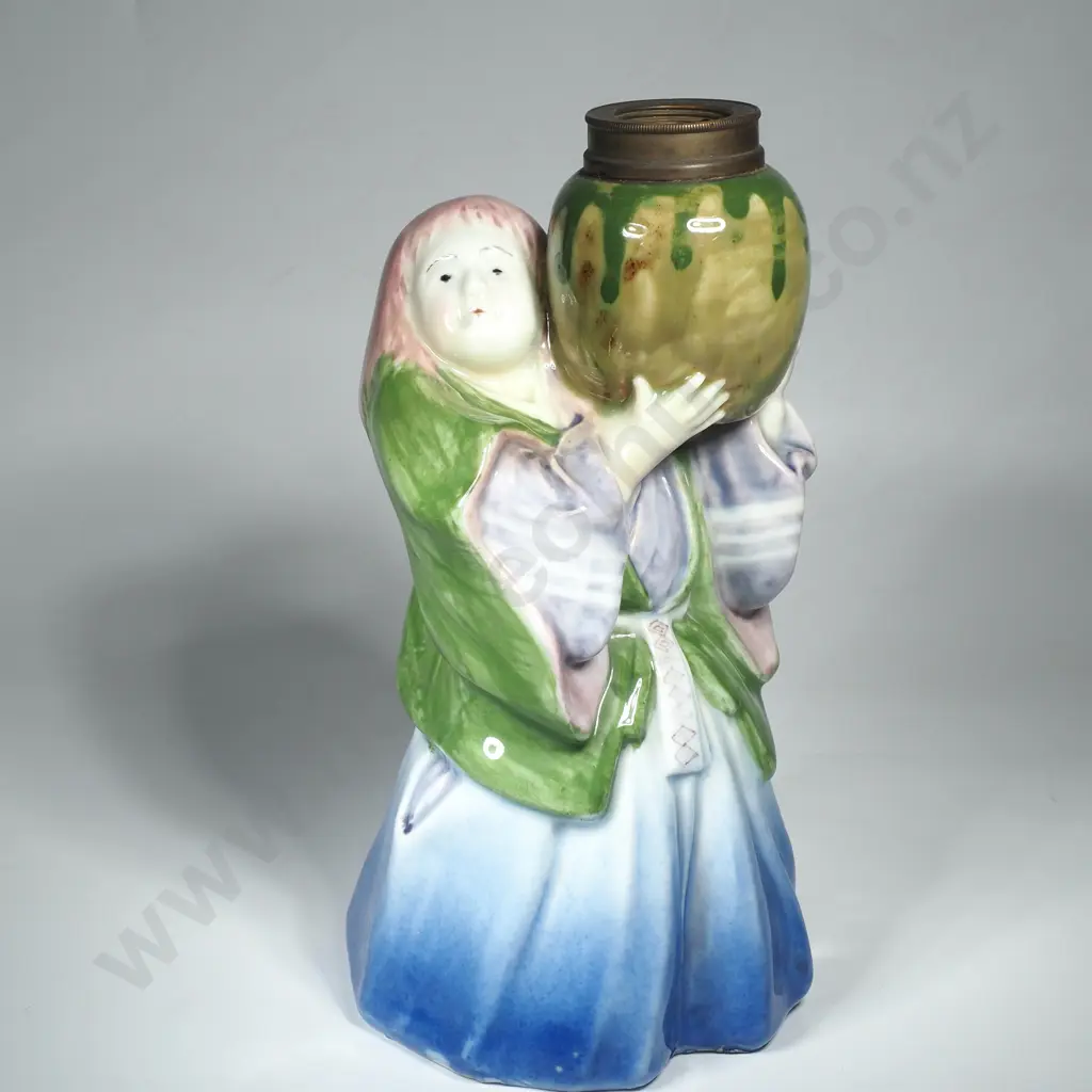 Antique Oriental Hand Painted Porcelain Figural Kerosene Lamp Base Image 1++