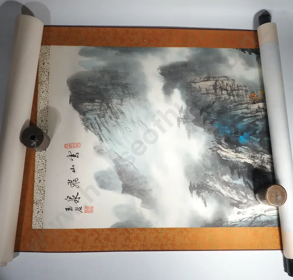 Chinese Hanging Landscape Painting (Shan Shui) Featuring a Traditional Landscape w Red Stamp Seals & Inscriptions Image 1++