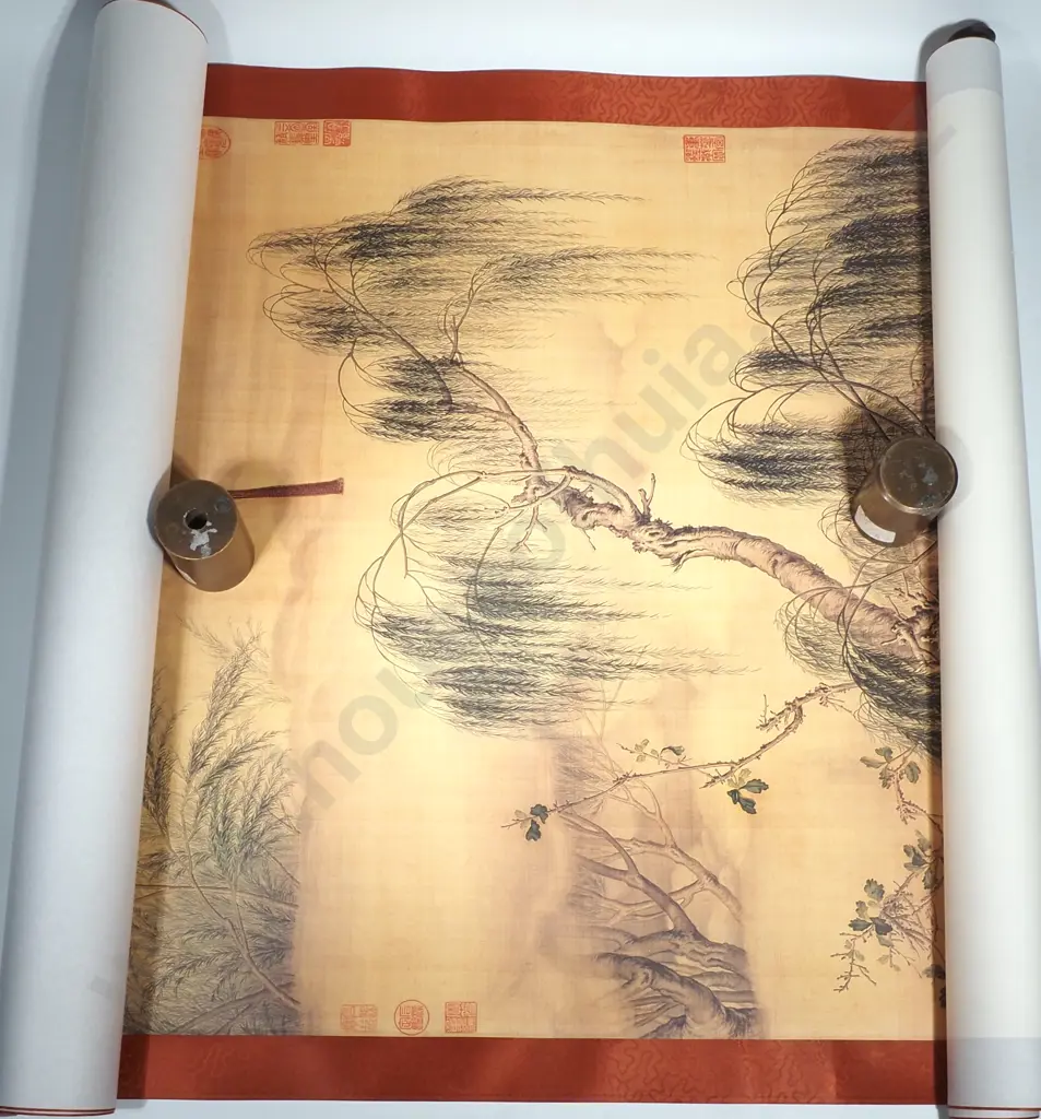Boxed Traditional Chinese Hanging Scroll Featuring A Decorative Red Seal & w Landscape Scene Image 1++