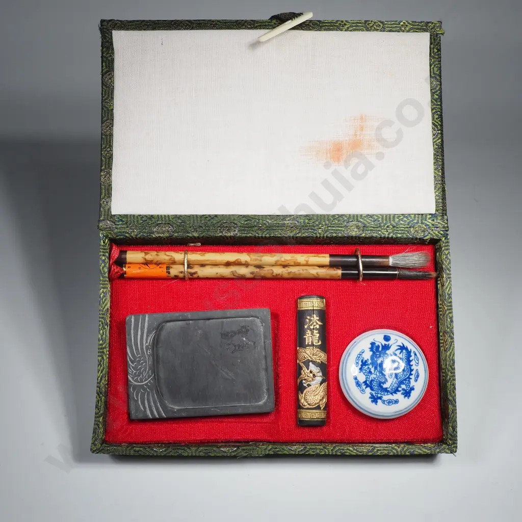 Boxed Traditional   Chinese Calligraphy Set w Tools for Writing & Painting w Black Slate, Solid Stick & Brushes Image 1++