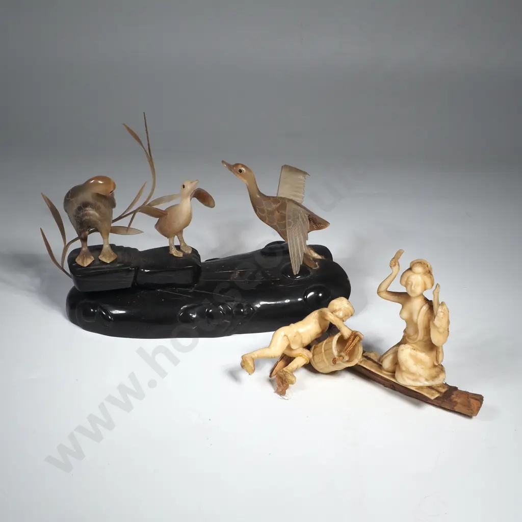 Vintage Chinese Carved horn Geese Sculpture w Plastic Hair Washing Couple Image 1++