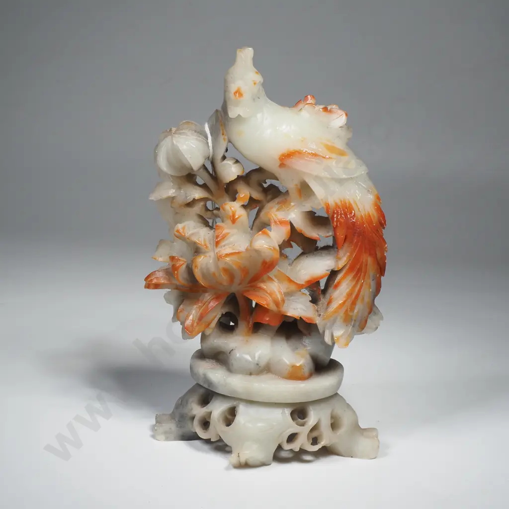 Chinese Soapstone Exotic Bird on Floral Outcrop Carving Image 1++
