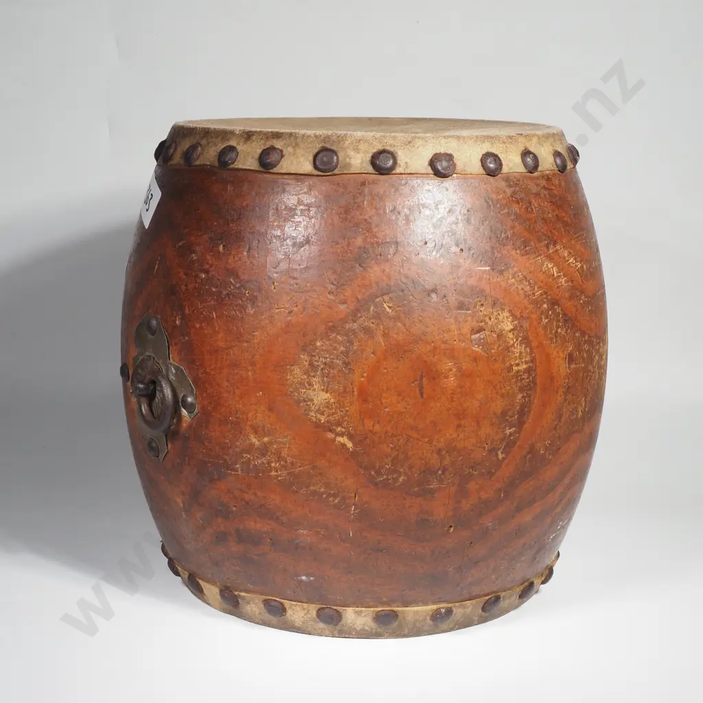Japanese Taiko Drum w Barrel Shaped Wooden Body, Iron Nails & Animal Skin Drumhead Image 1++