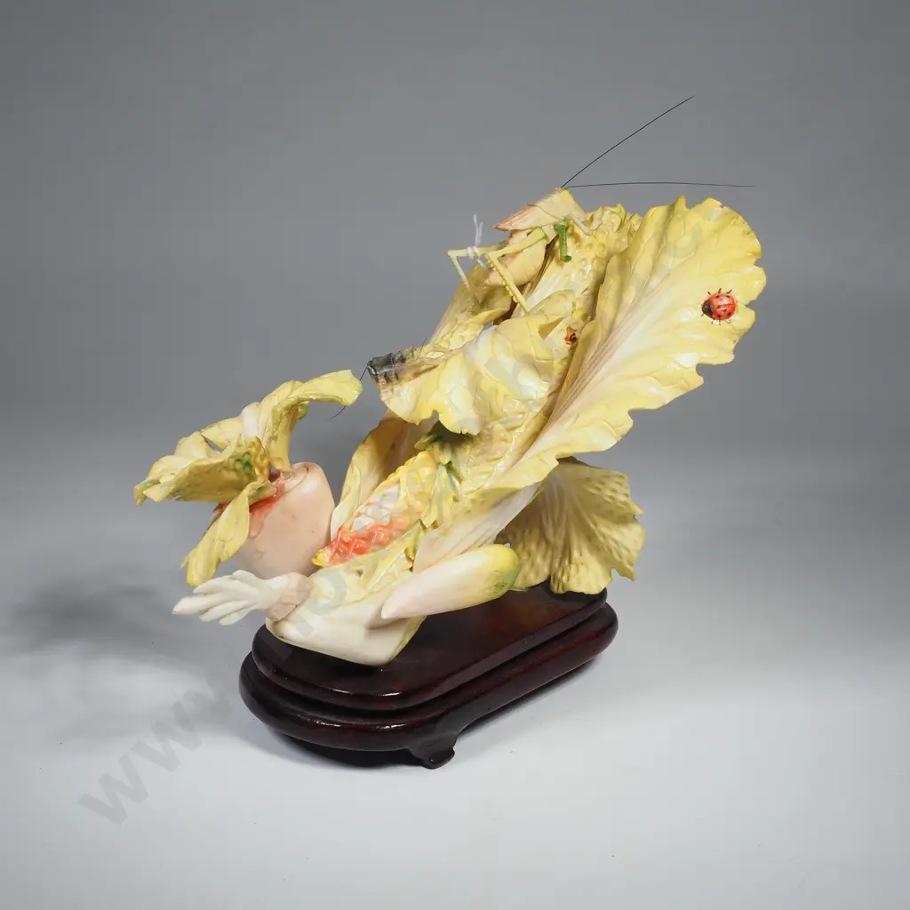 Chinese Resin Okimono Depicting Insects on Bok Choi, Resting on a Wooden Base Image 1++