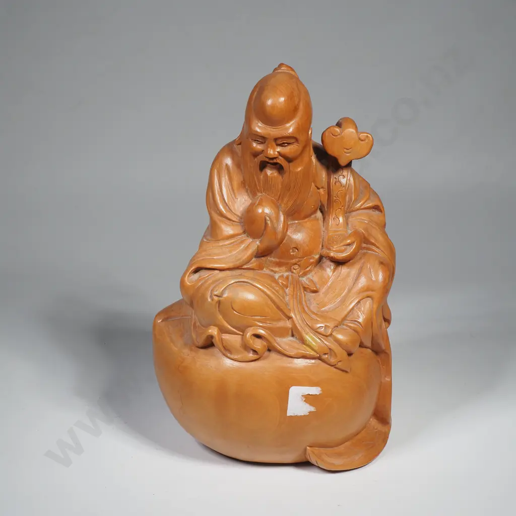 Chinese Carved Wooden Figure of an Immortal Sitting on a Giant Peach Image 1++