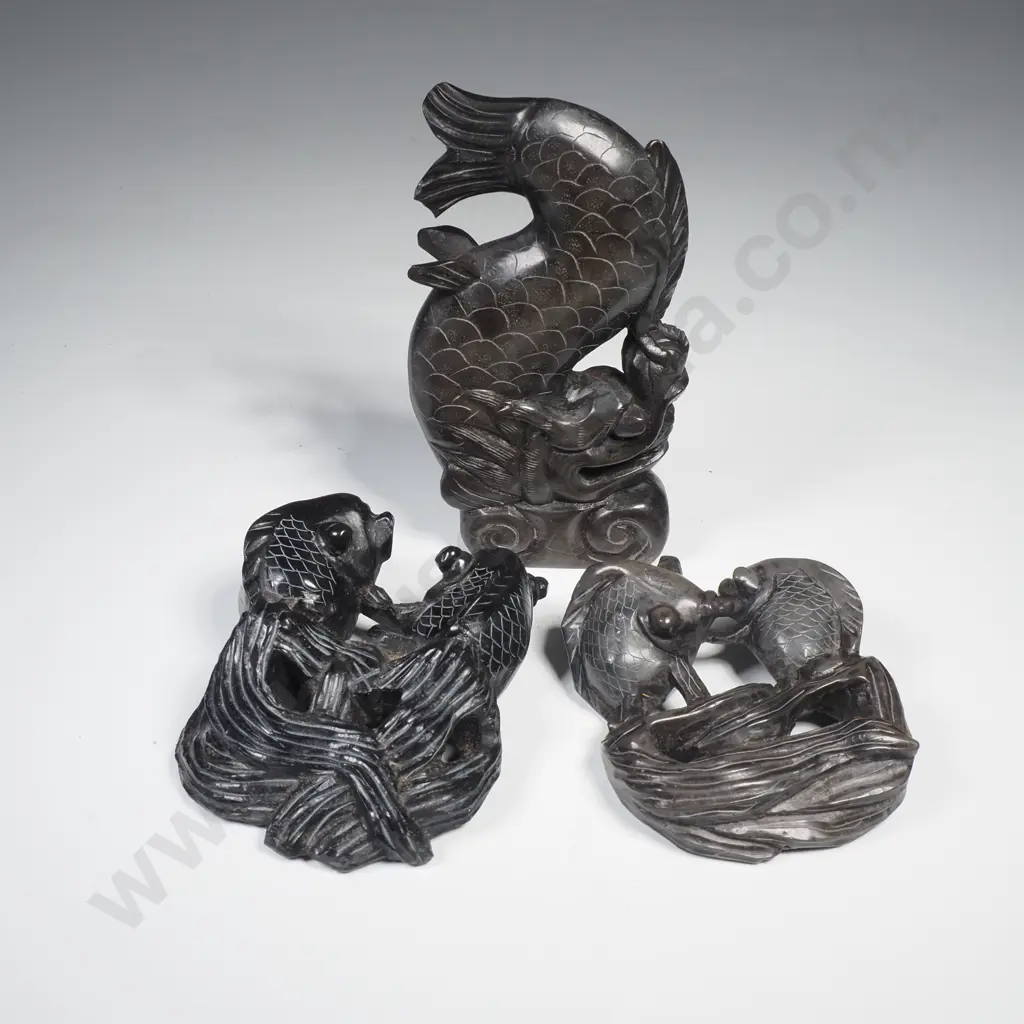 Oriental Carved Koi Carp & Fish Figures Image 1++