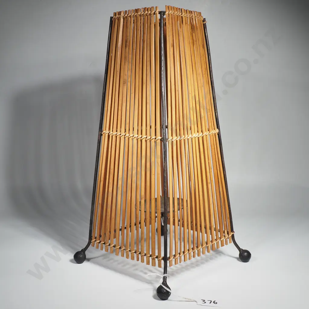 Mid Century Bamboo Wicker Tea Lantern w Black Metal Frame Image 1++