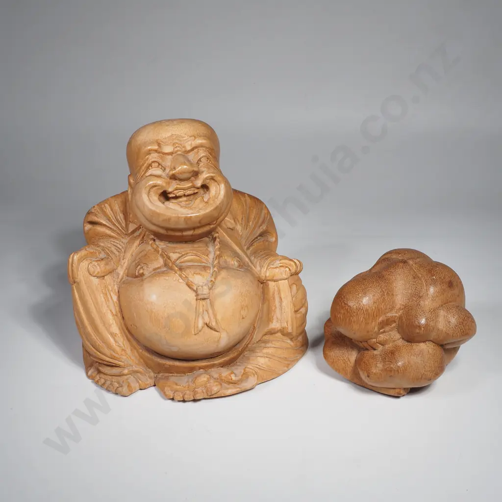 Laughing Buddhas Wooden Figure & a Weeping Buddha Figure often referred to as Orang Malu or a Yogi Man -- Image 1++