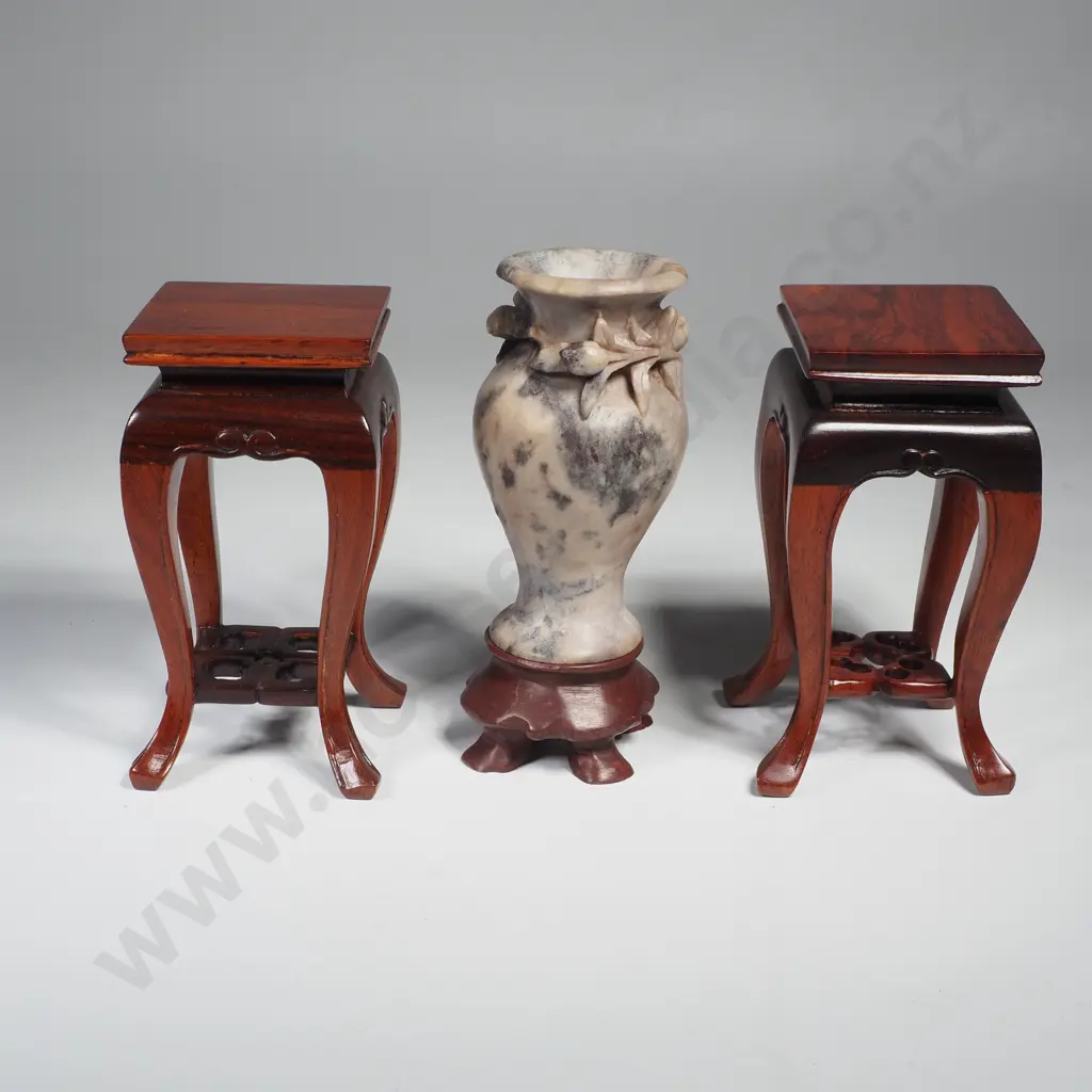 Chinese Carved Soapstone Urn and Wooden Stands Image 1++