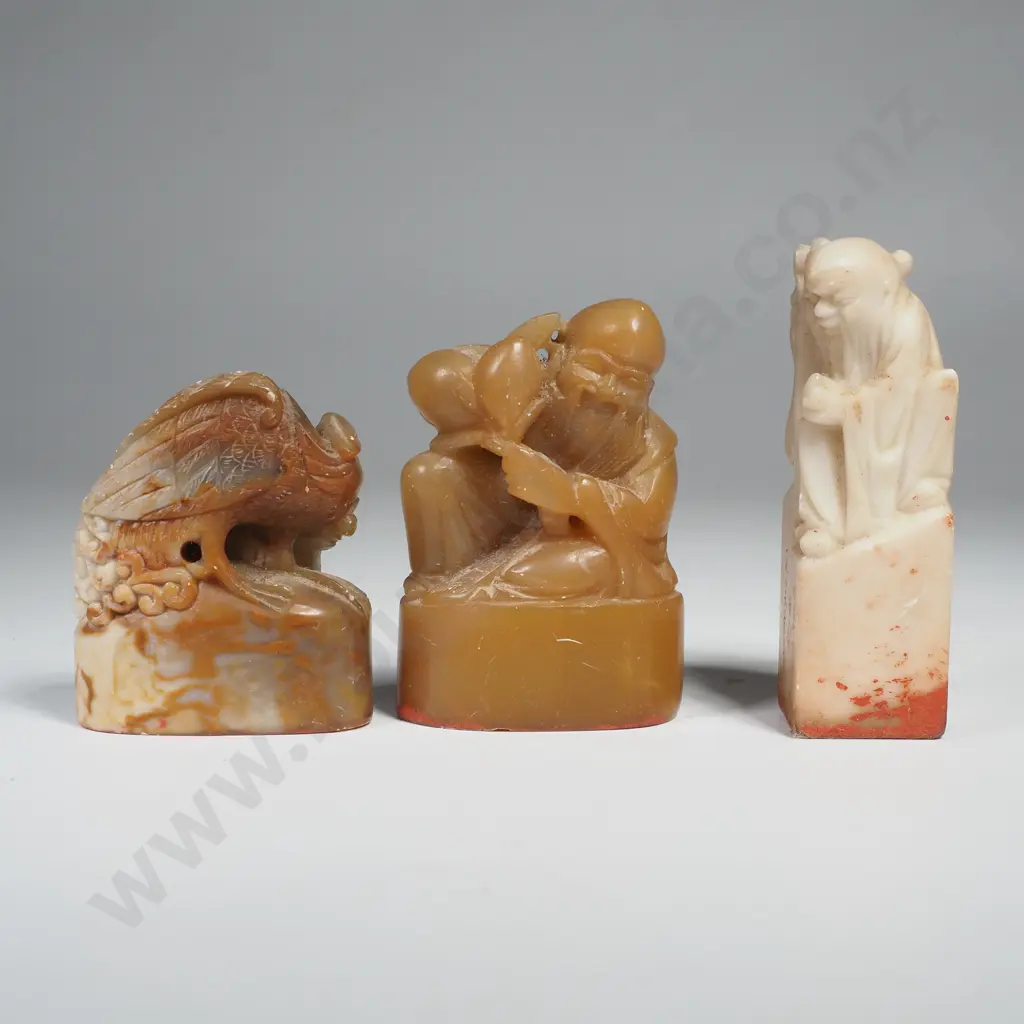 Vintage Chinese Soapstone Carved Seal Stamps x 3 Image 1++