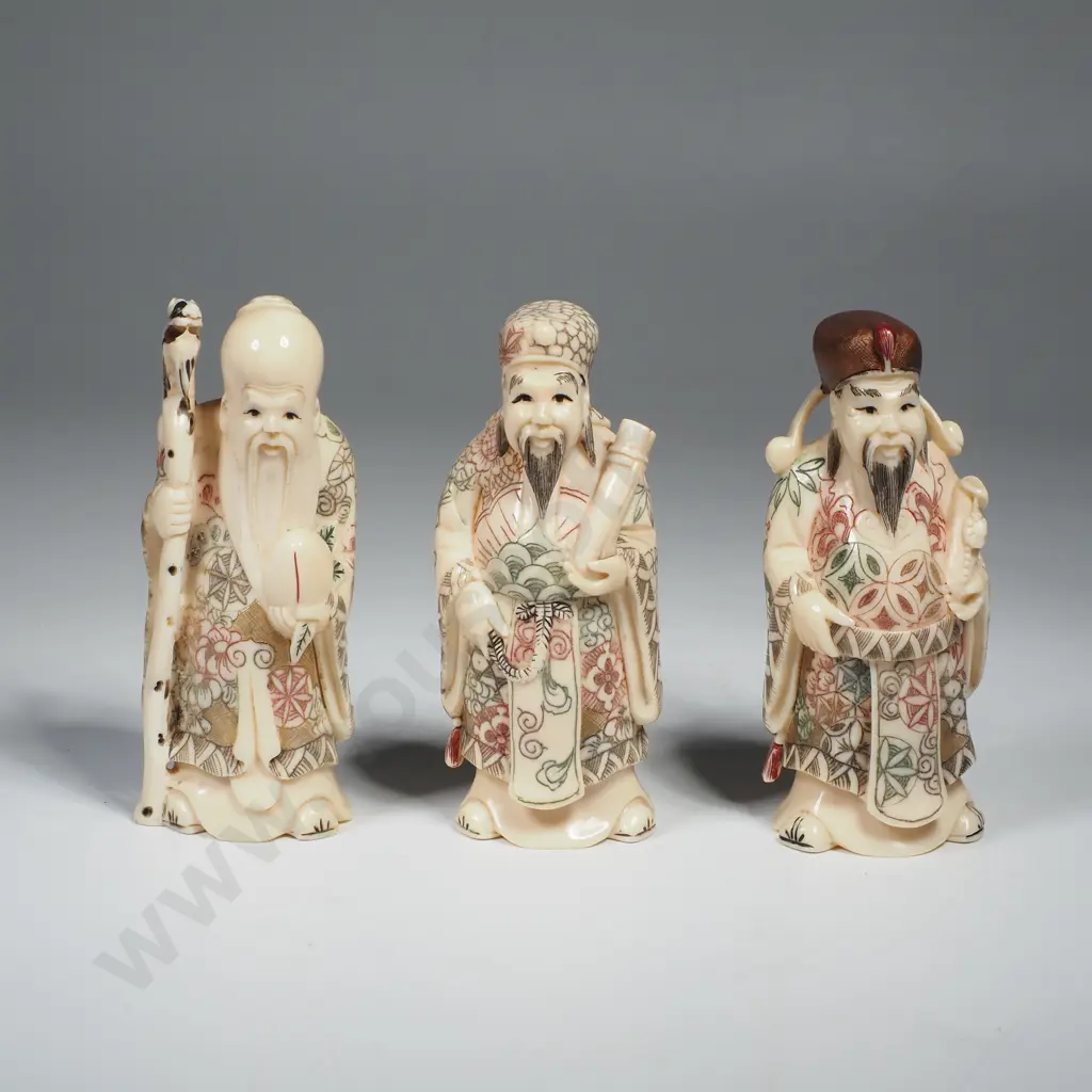 3 x Chinese Carved Ivory Okimono Depicting Sanxing Deities Image 1++