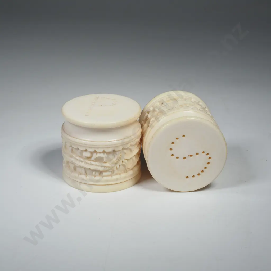 Vintage Carved Ivory Salt & Pepper Shakers w Dragon Motif Image 1++