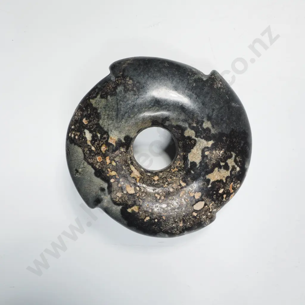 Carved Mottled Jade Notched Bi Disc/ Amulet Crafted for Rituals Or As Amulets Image 1++