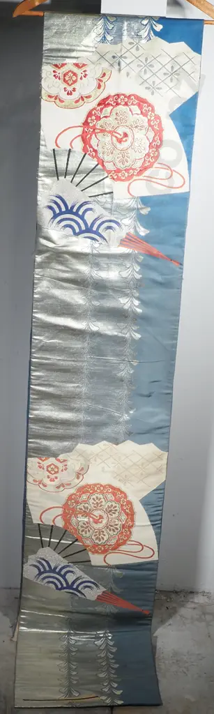 Vintage Japanese Silk Fukuro Obi Decorated w Fans & Silver Embroidery for Ceremonial Kimono Outfits Image 1++