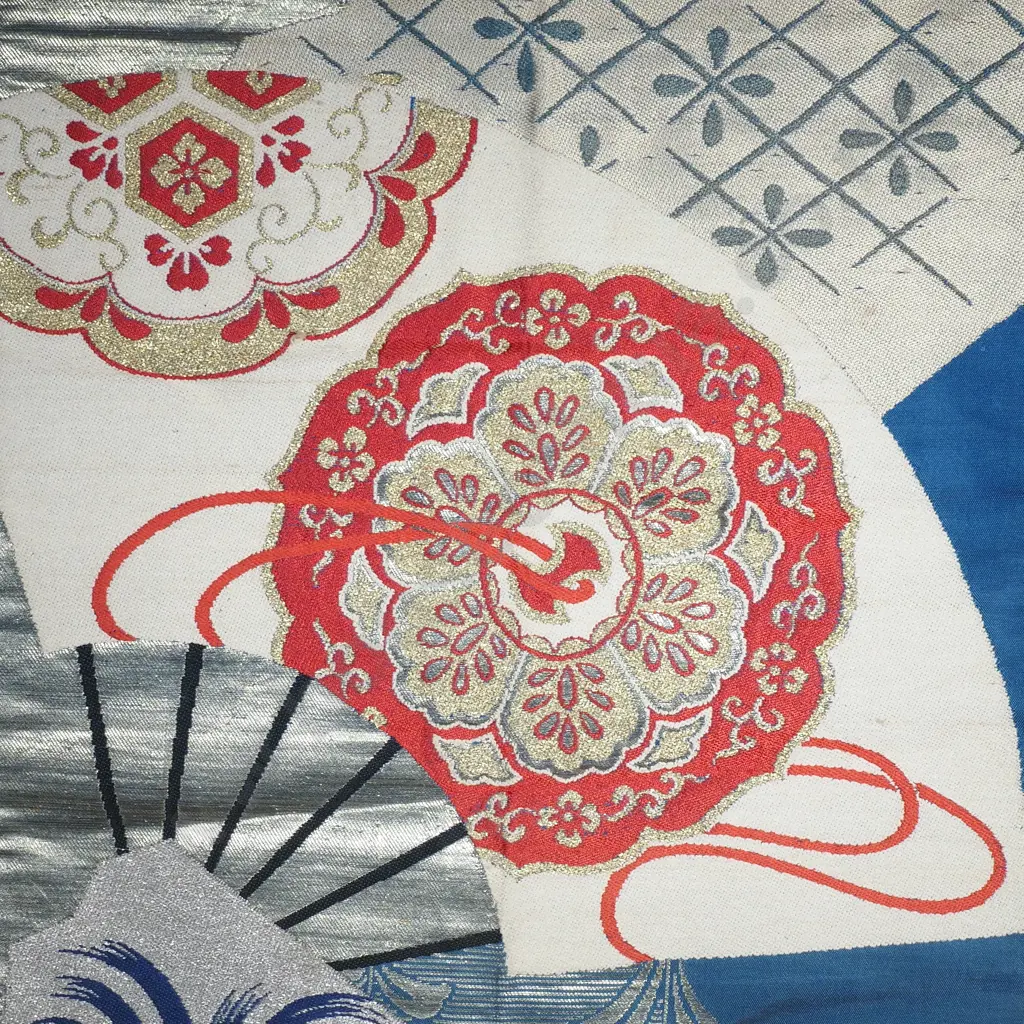 Vintage Japanese Silk Fukuro Obi Decorated w Fans & Silver Embroidery for Ceremonial Kimono Outfits Image 1++