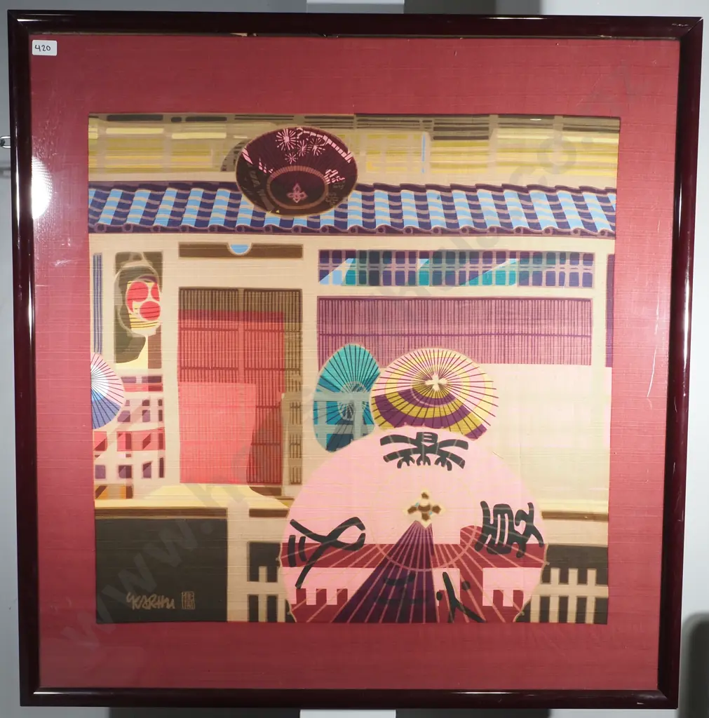 Clifton Kahru - Kyoto Architectural Series w Umbrellas, Woodblock Print on Fabric Image 1++