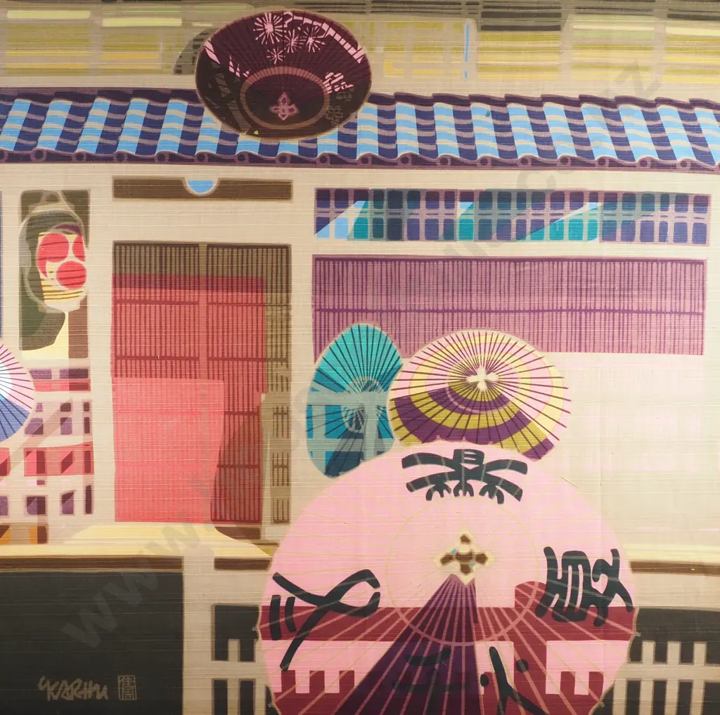Clifton Kahru - Kyoto Architectural Series w Umbrellas, Woodblock Print on Fabric Image 1++