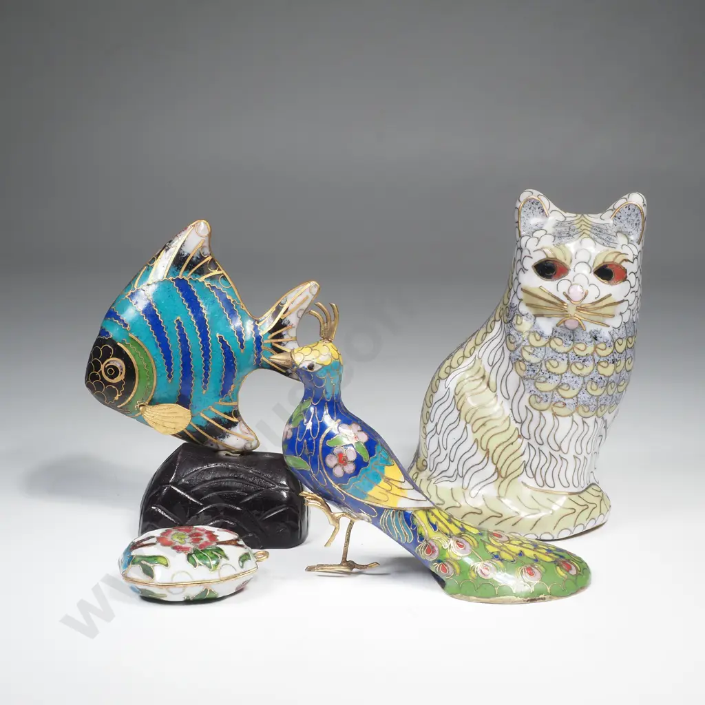 Chinese Cloisonne, Cat, Fish & Peacock Figures Image 1++