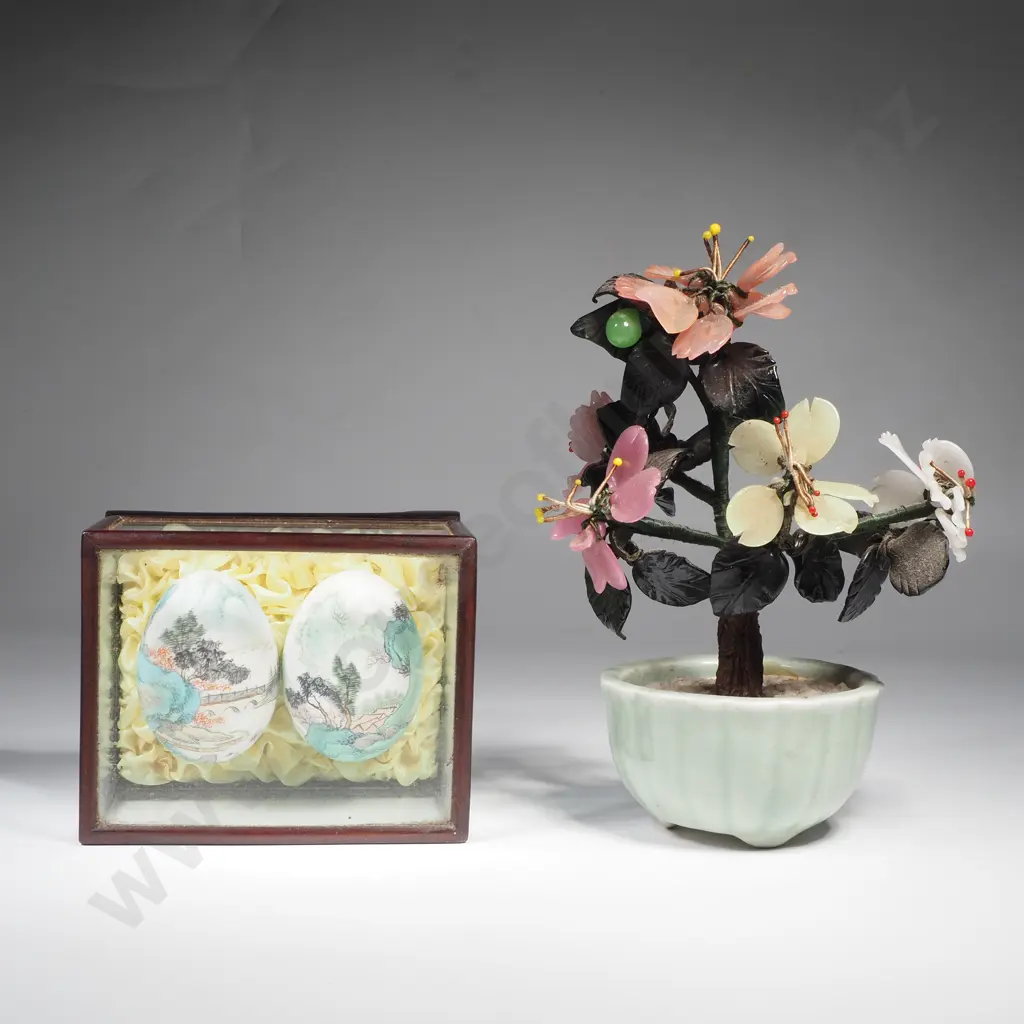 Vintage Bonsai Glass/Jade Tree w Cased H/Painted Eggs Image 1++