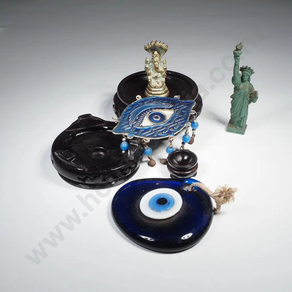 Evil Eye Ornaments, wooden stand & and Brass Items Image 1++