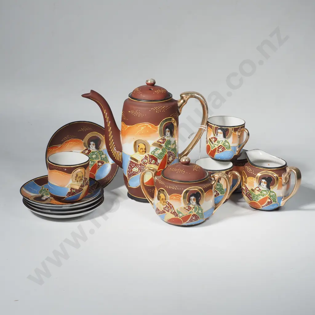Japanese Satsuma Moriage Demi-Tasse Coffee  Set Comprising Coffee Pot, Sugar Bowl, Cream Jug & Four Cups & Five Saucers Image 1++