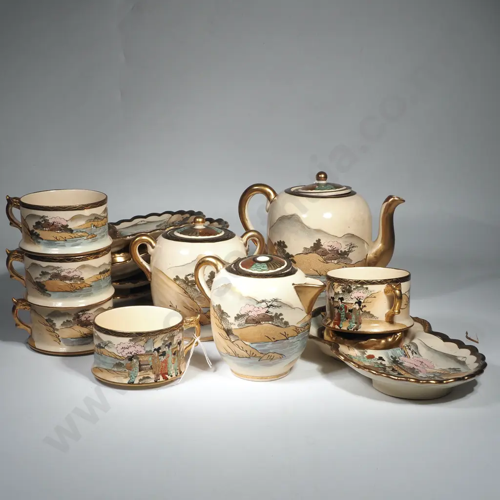Satsuma Tea Set with Six Tennis Cups & Saucers With Heavy Gilt Dragon Rim To Saucer Together w Teapot, Sugar & Cream Jug Image 1++