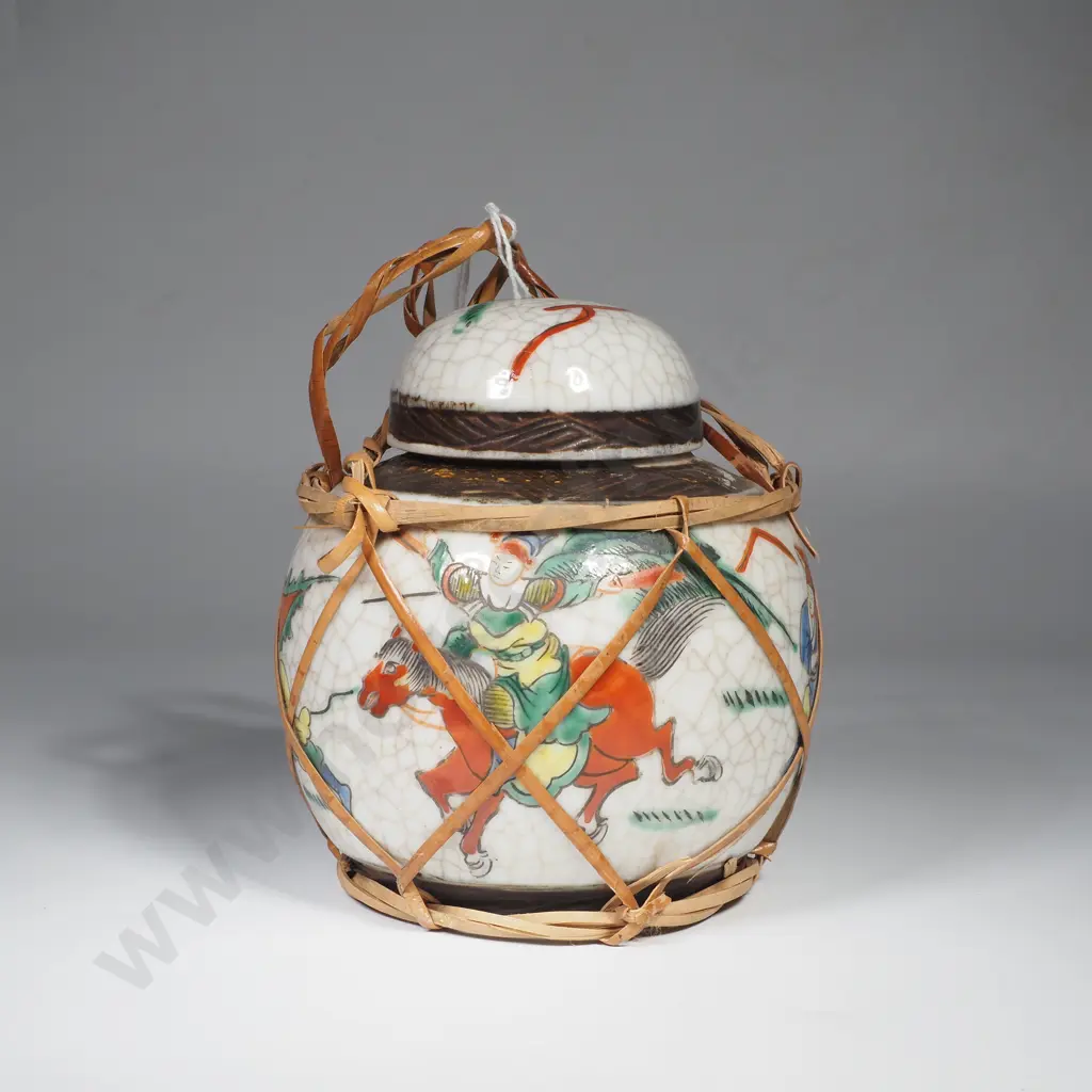 Vintage Chinese Porcelain Lidded Ginger Jar in a Rattan Net w Polychrome Enamels Image 1++
