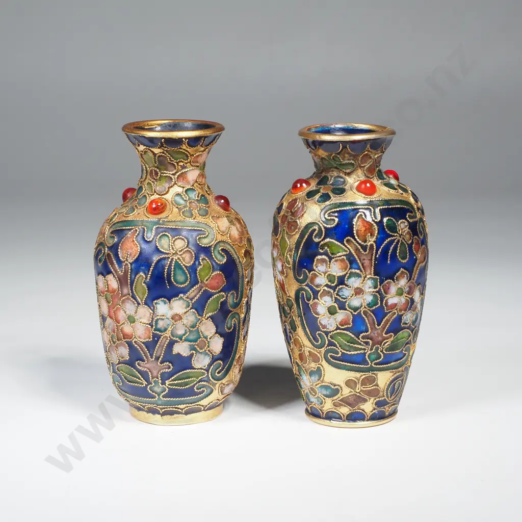 Pair of Small Chinese Cloisonne Vases w Floral Enamel on a Brass Base Image 1++