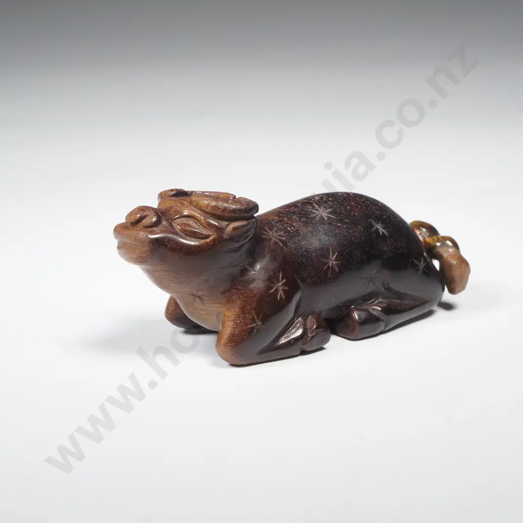 Unusual Stone Chinese Snuff Bottle in The Form of A Reclining Buffalo w His Tail as a Dabber Image 1++