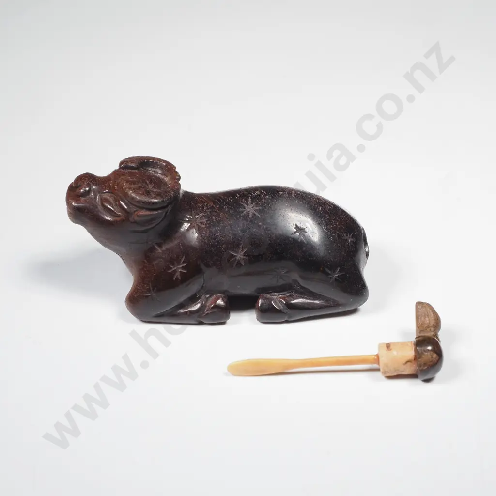 Unusual Stone Chinese Snuff Bottle in The Form of A Reclining Buffalo w His Tail as a Dabber Image 1++
