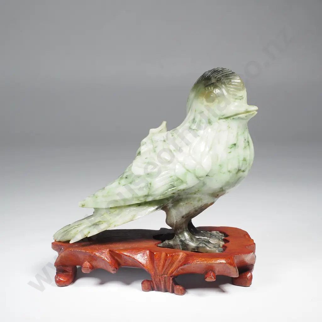 Vintage Chinese Jade or Serpentine Bird on Wooden Stand Image 1++