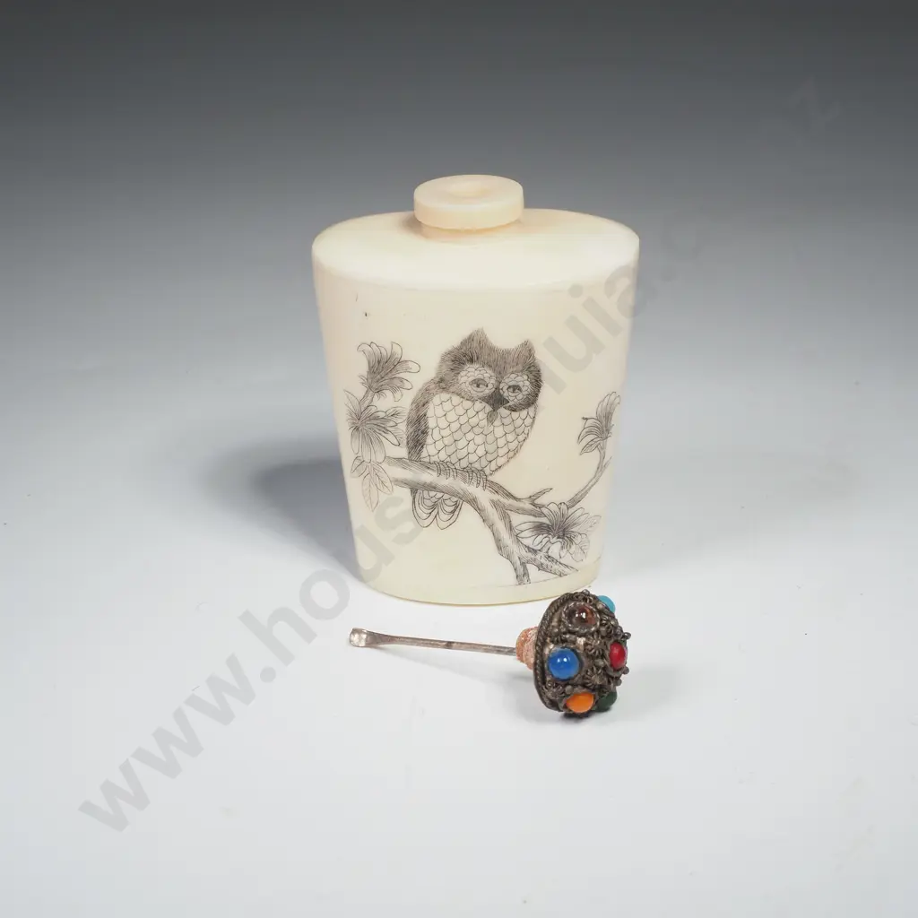 Vintage Chinese Bone Snuff Bottle Hand Carved w Owl & w Jewelled Stopper Image 1++