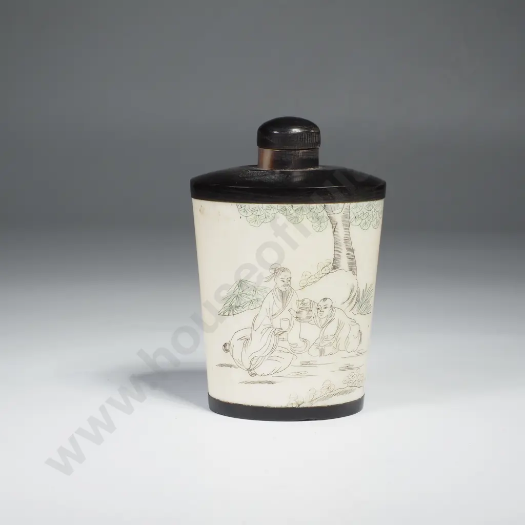 Vintage  Chinese Bone Snuff Bottle Hand Carved w Etched Scene of Figures in a Landscape Image 1++