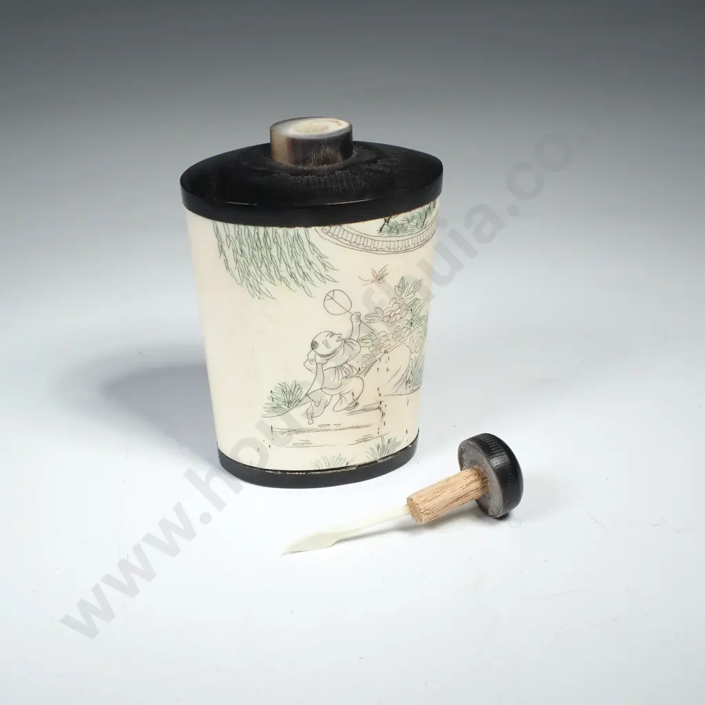 Vintage  Chinese Bone Snuff Bottle Hand Carved w Etched Scene of Figures in a Landscape Image 1++