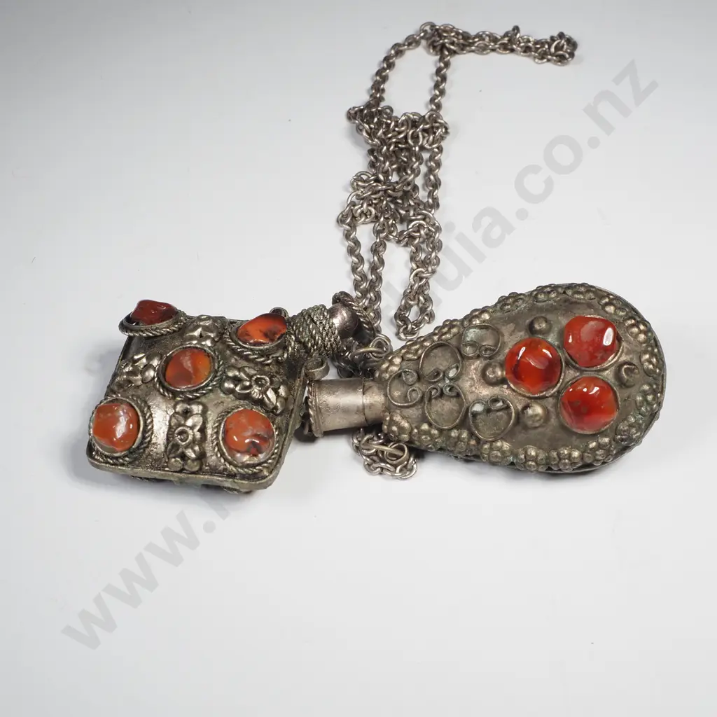 Two Antique Middle Eastern Perfume Bottles Decorated w Gemstone Accents (Probably Jasper or Quartz0 Image 1++