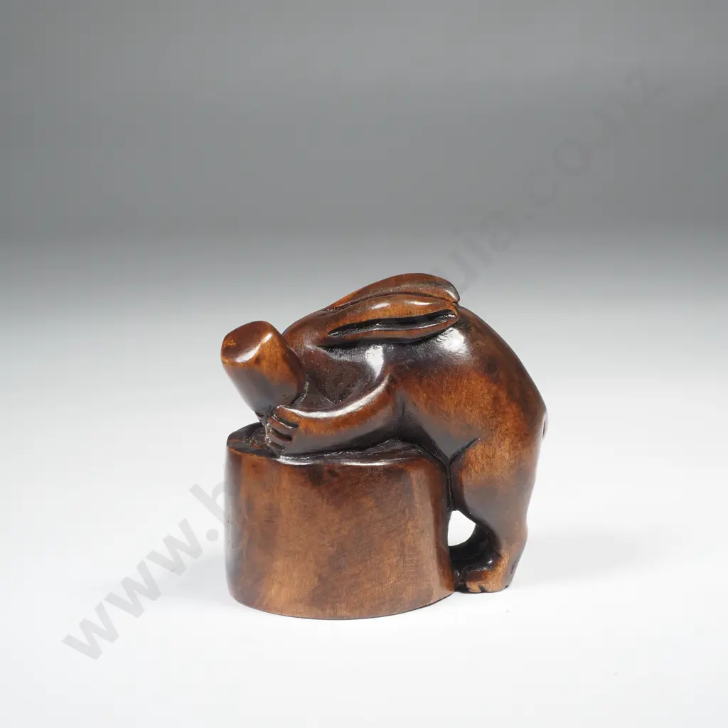 Hand Carved Boxwood Netsuke Figure of a Rabbit on a Bucket, Signed to Base Image 1++