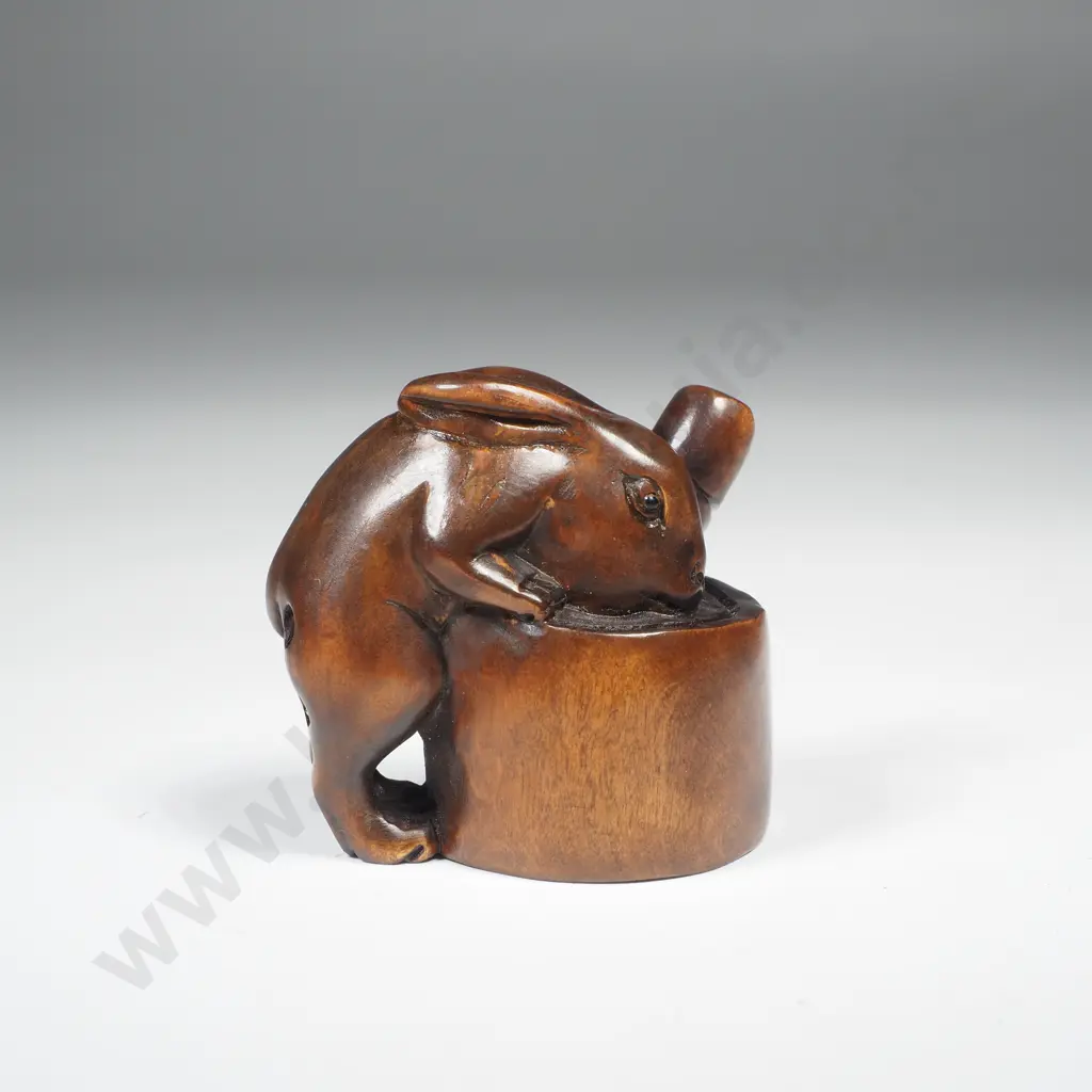 Hand Carved Boxwood Netsuke Figure of a Rabbit on a Bucket, Signed to Base Image 1++