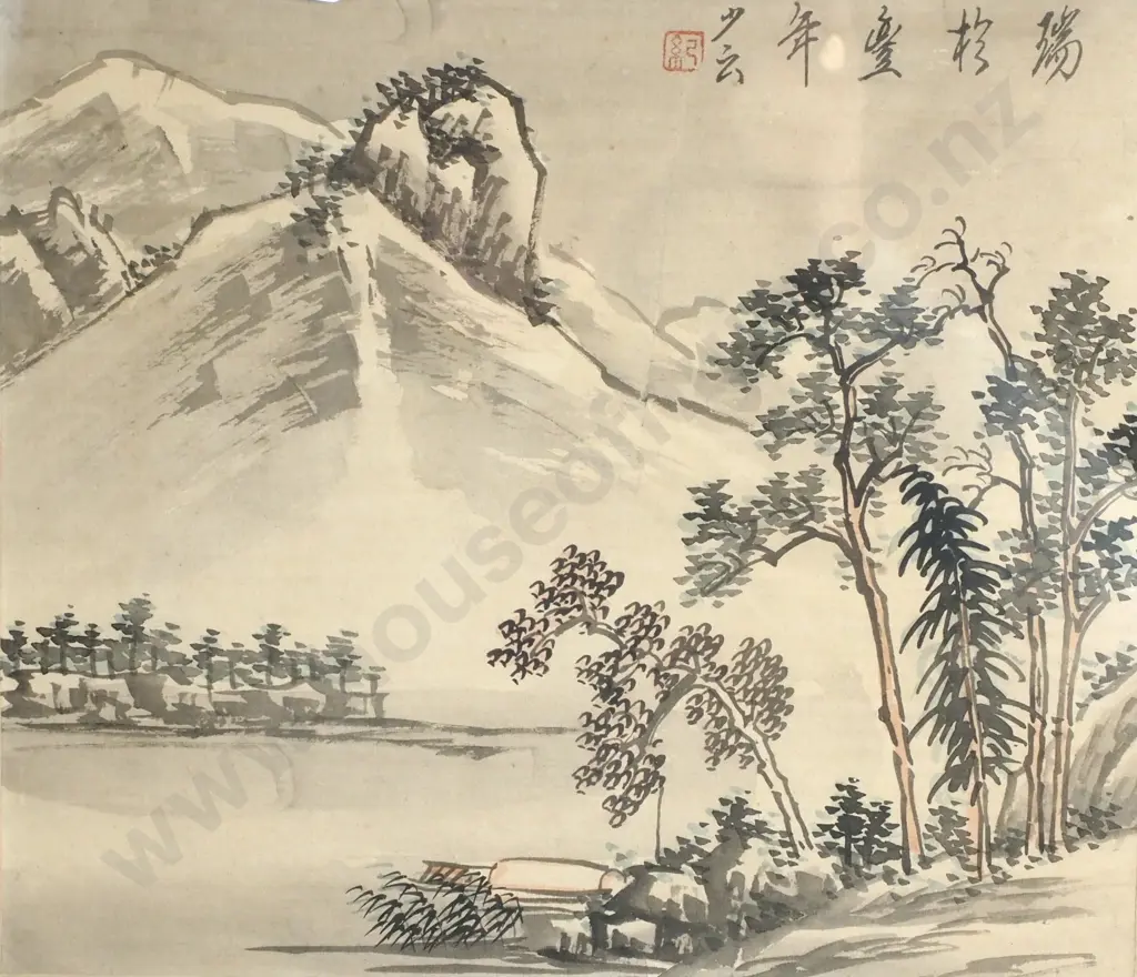Artist Unknown - Mountain Scene, Ink Wash on Fabric Image 1++